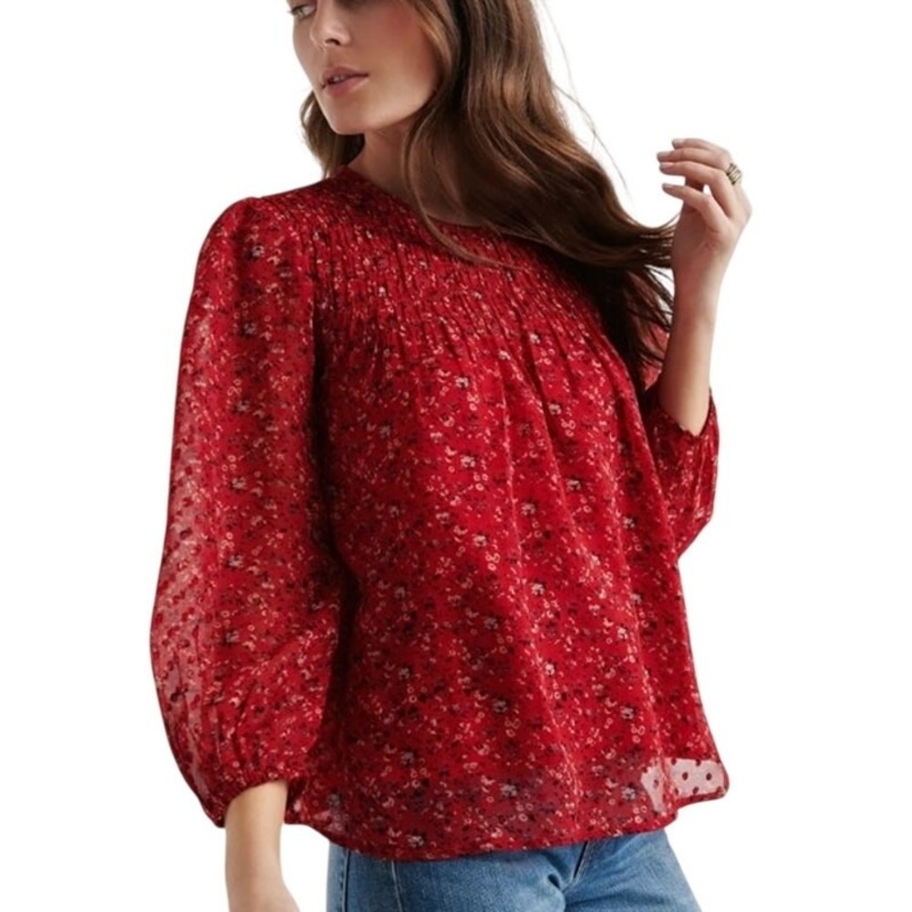 Lucky Brand Blouse Womens L Red Dainty Smocked Floral Balloon Sleeve Vibrant Top